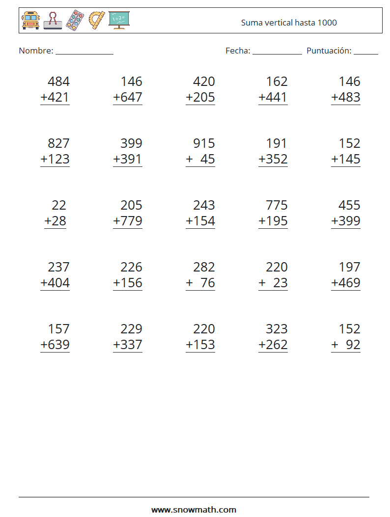 (25) Suma vertical hasta 1000 Hojas de trabajo de matemáticas 11