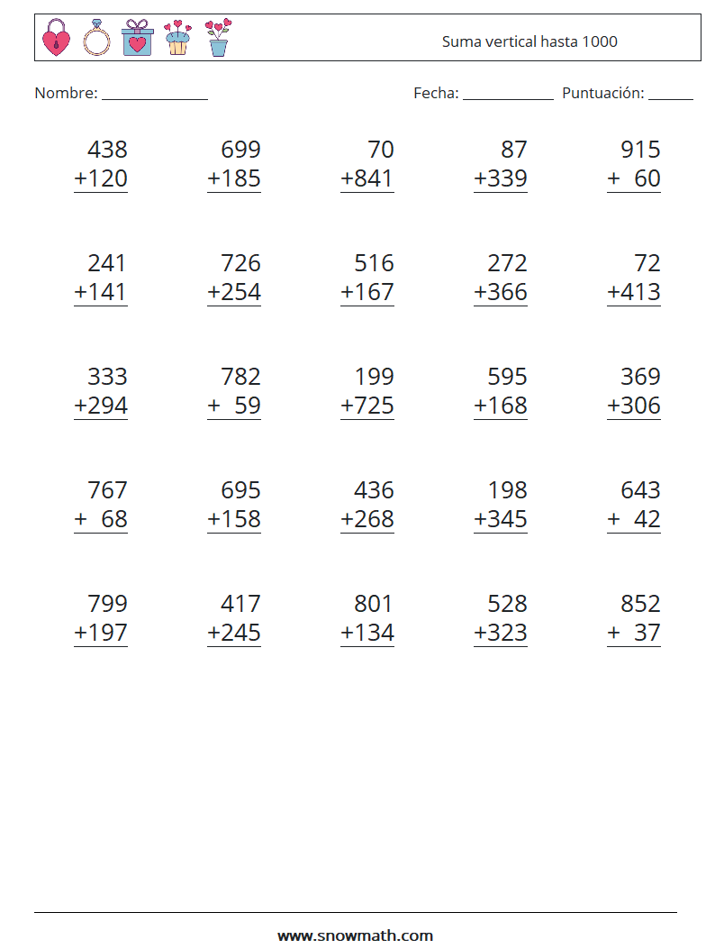 (25) Suma vertical hasta 1000 Hojas de trabajo de matemáticas 12