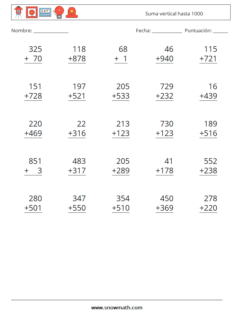 (25) Suma vertical hasta 1000 Hojas de trabajo de matemáticas 13