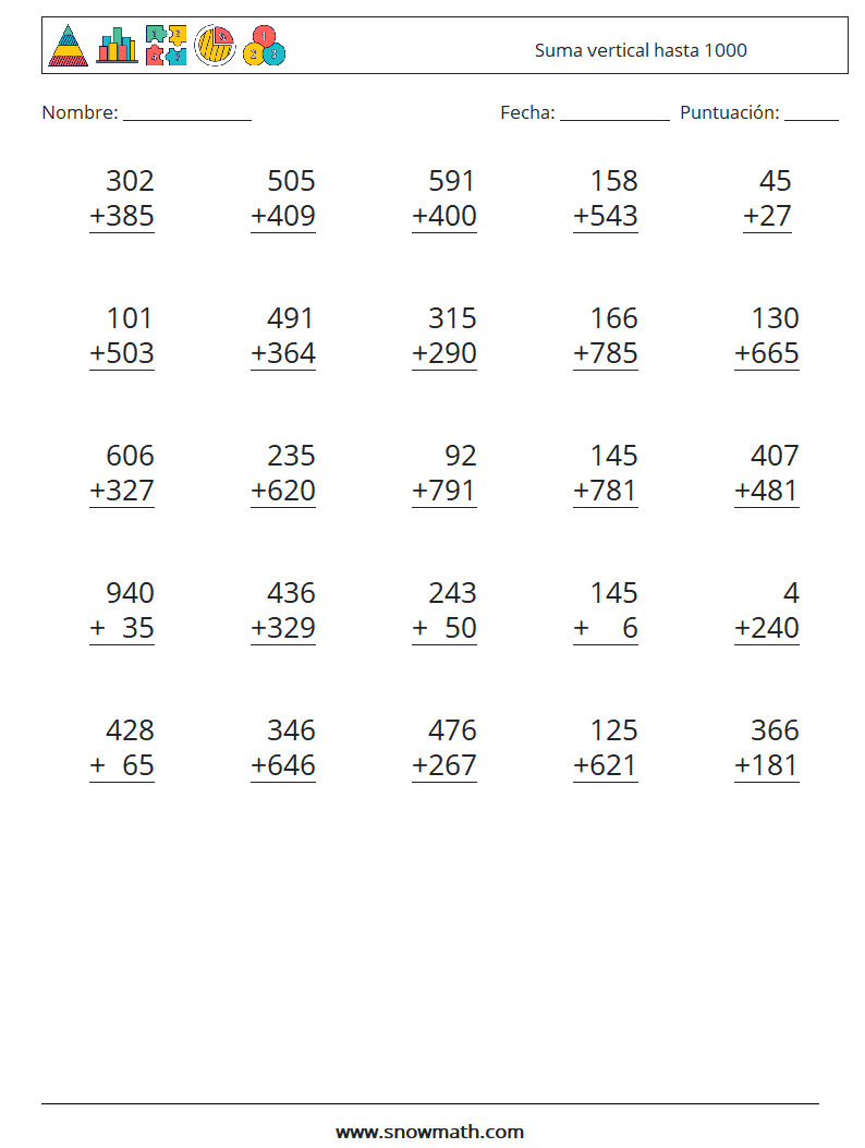 (25) Suma vertical hasta 1000 Hojas de trabajo de matemáticas 14