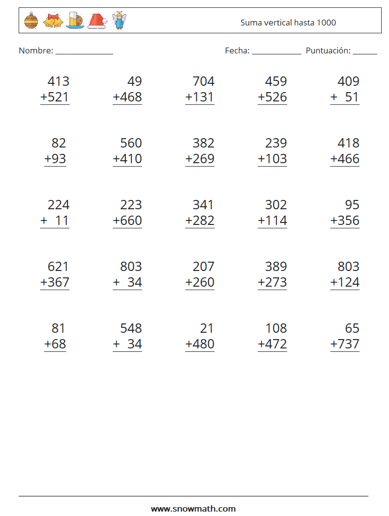 (25) Suma vertical hasta 1000 Hojas de trabajo de matemáticas 15