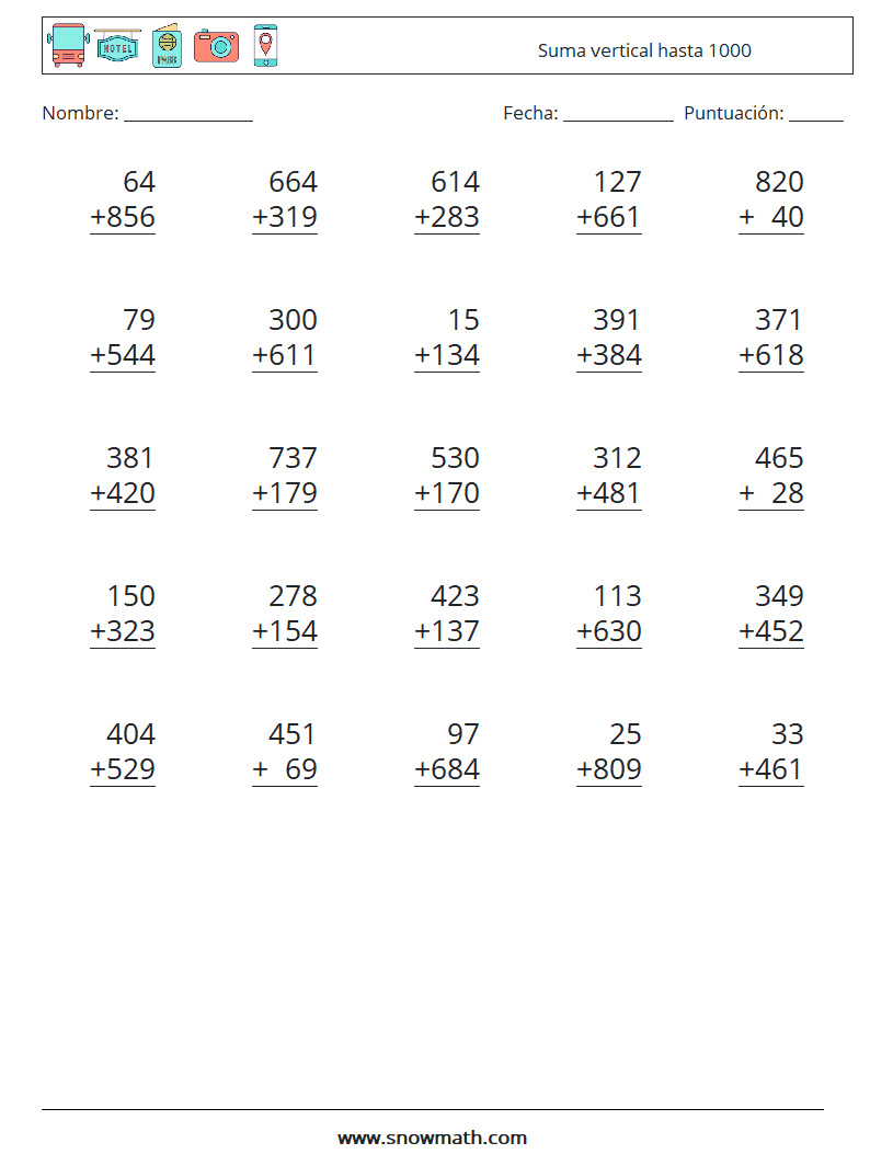 (25) Suma vertical hasta 1000 Hojas de trabajo de matemáticas 16