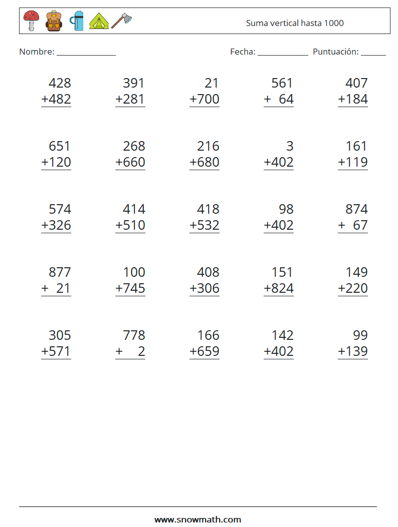 (25) Suma vertical hasta 1000 Hojas de trabajo de matemáticas 17
