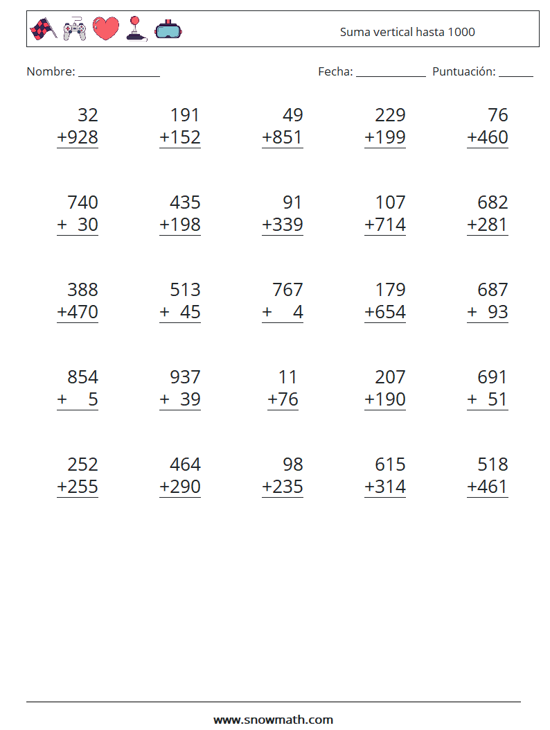 (25) Suma vertical hasta 1000 Hojas de trabajo de matemáticas 18