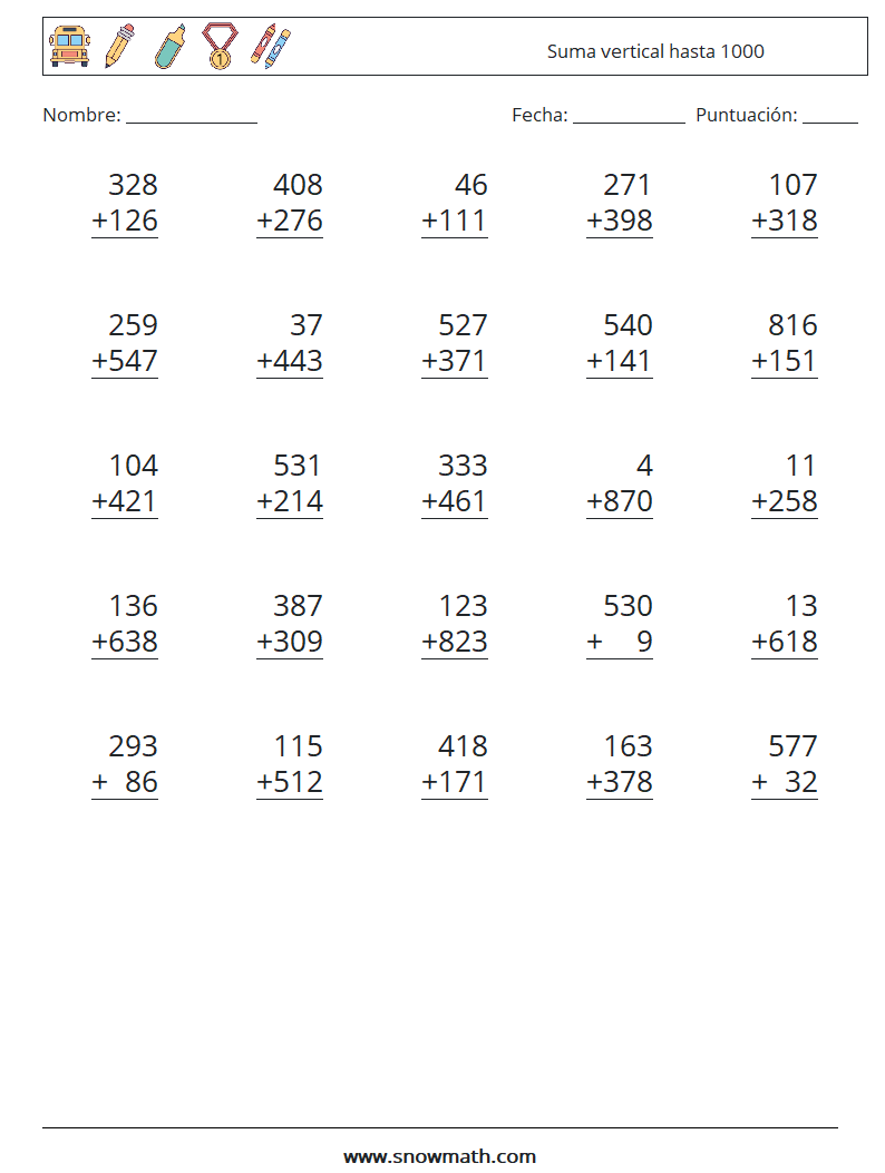 (25) Suma vertical hasta 1000 Hojas de trabajo de matemáticas 2