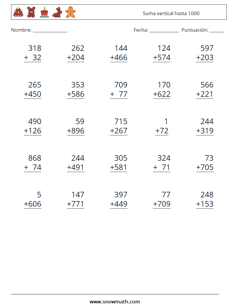(25) Suma vertical hasta 1000 Hojas de trabajo de matemáticas 3