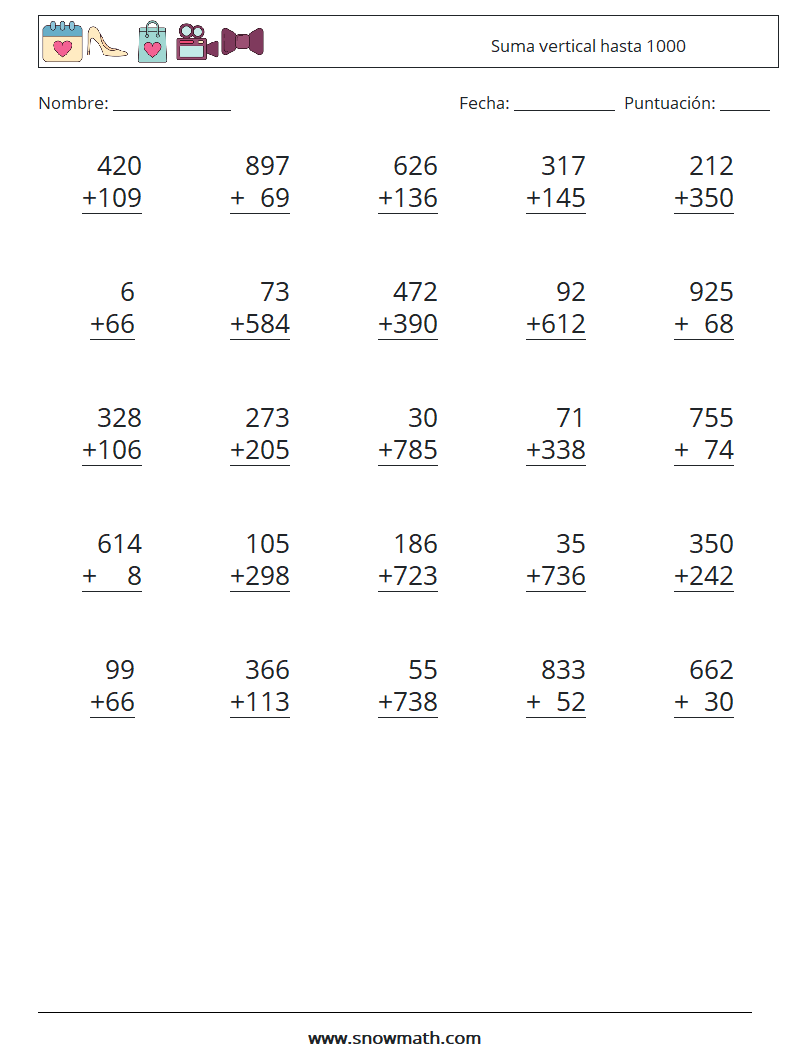 (25) Suma vertical hasta 1000 Hojas de trabajo de matemáticas 5