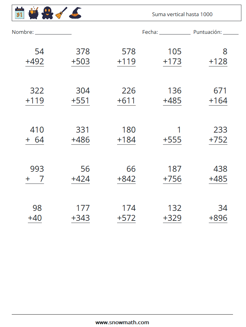 (25) Suma vertical hasta 1000 Hojas de trabajo de matemáticas 6