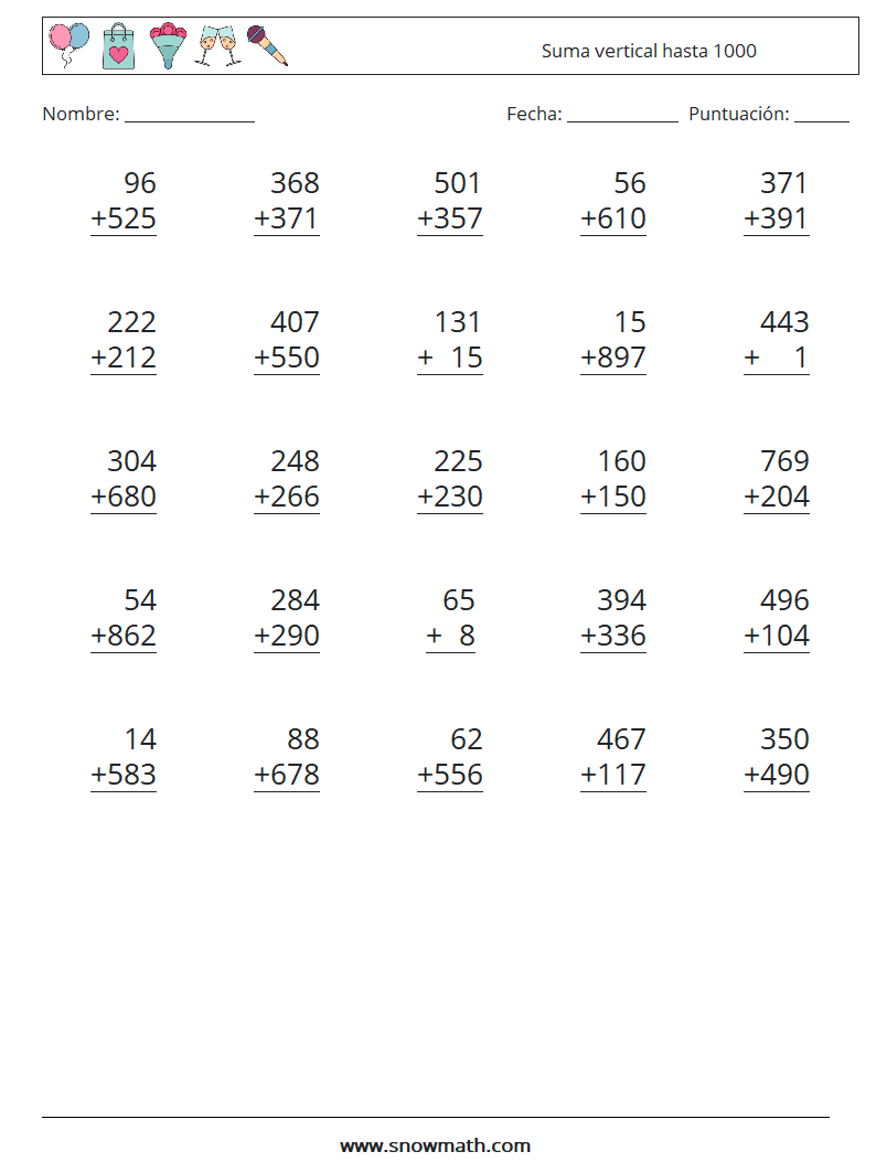 (25) Suma vertical hasta 1000 Hojas de trabajo de matemáticas 7