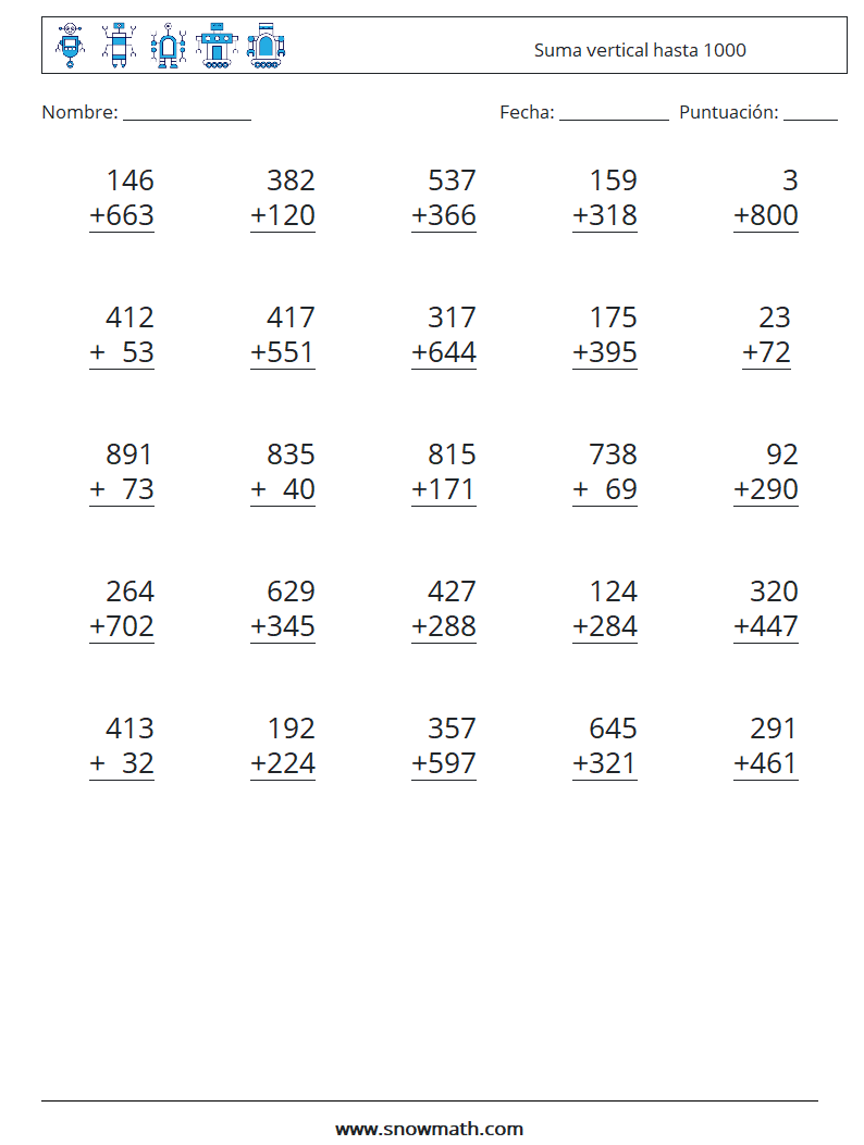 (25) Suma vertical hasta 1000 Hojas de trabajo de matemáticas 8