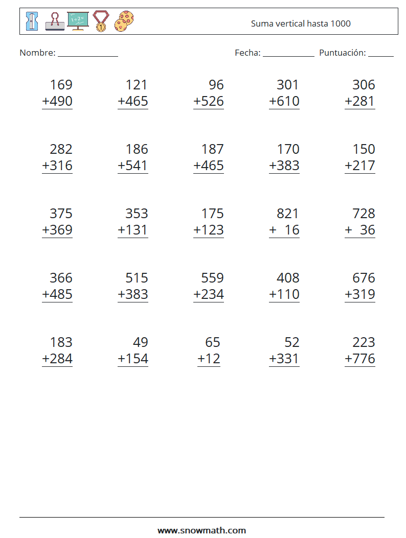 (25) Suma vertical hasta 1000 Hojas de trabajo de matemáticas 9