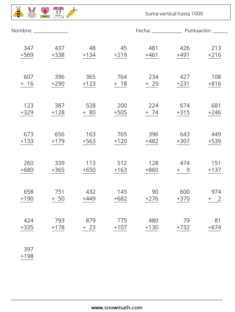 (50) Suma vertical hasta 1000 Hojas de trabajo de matemáticas 10