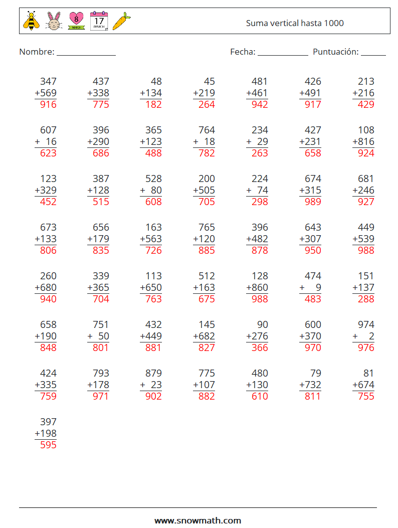 (50) Suma vertical hasta 1000 Hojas de trabajo de matemáticas 10 Pregunta, respuesta