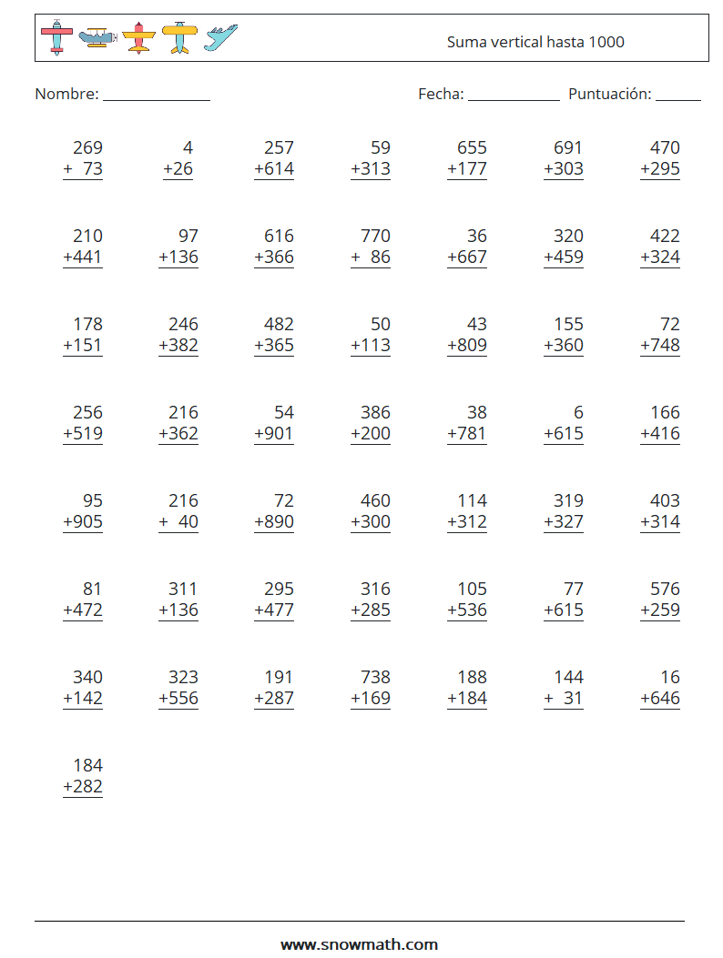(50) Suma vertical hasta 1000 Hojas de trabajo de matemáticas 11