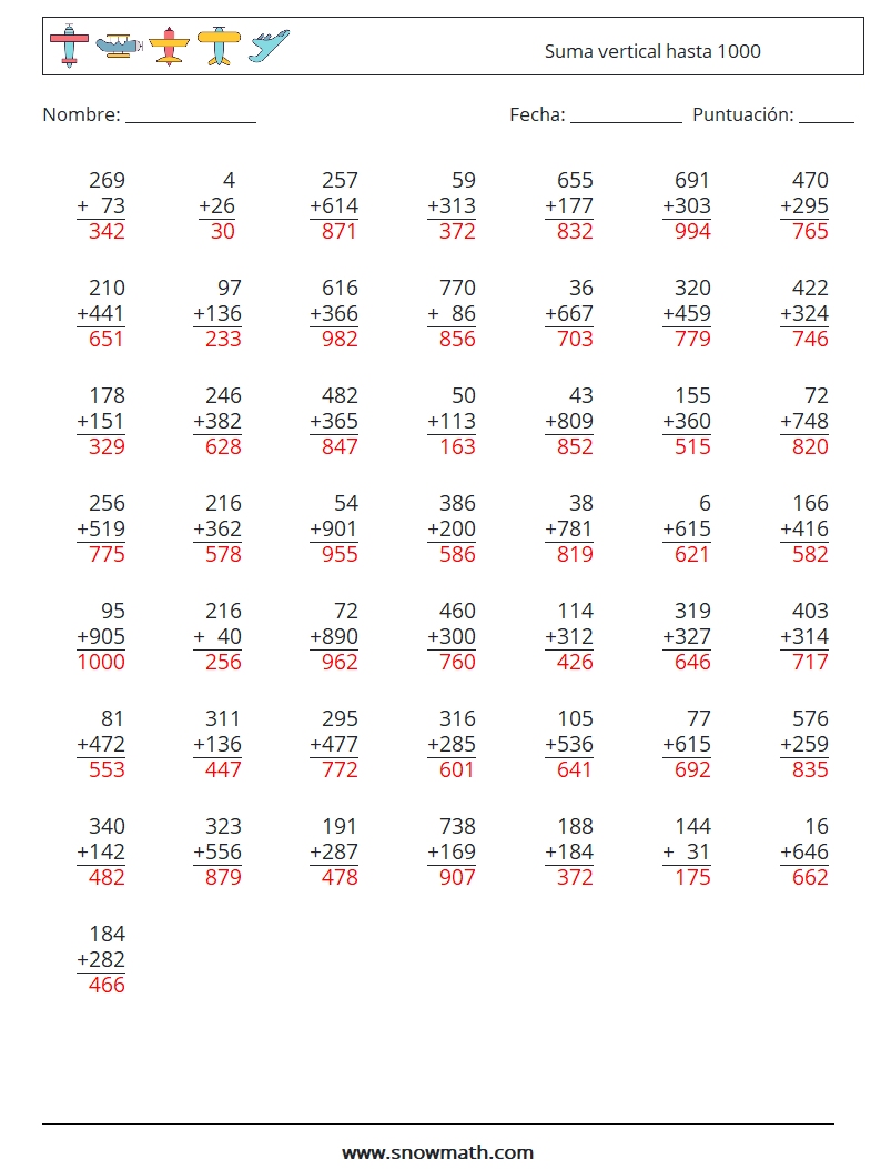 (50) Suma vertical hasta 1000 Hojas de trabajo de matemáticas 11 Pregunta, respuesta