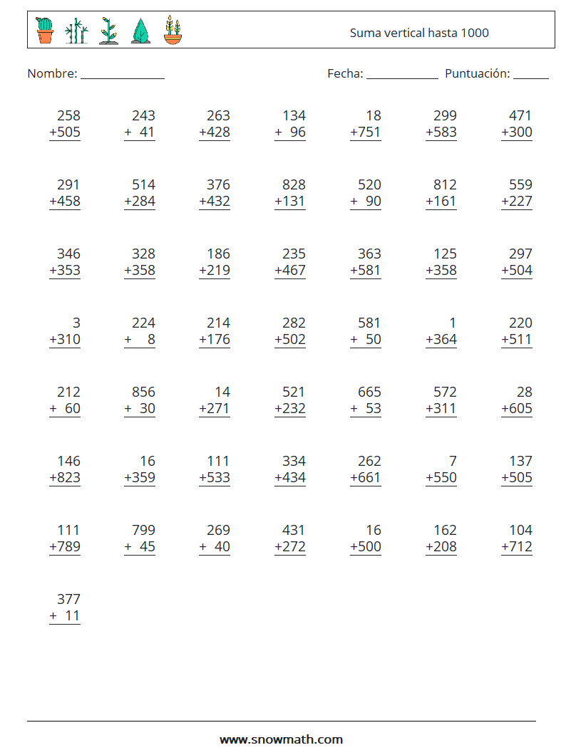 (50) Suma vertical hasta 1000 Hojas de trabajo de matemáticas 12