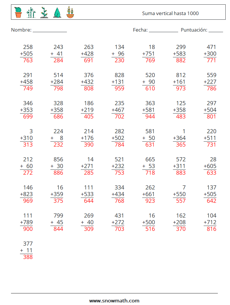 (50) Suma vertical hasta 1000 Hojas de trabajo de matemáticas 12 Pregunta, respuesta