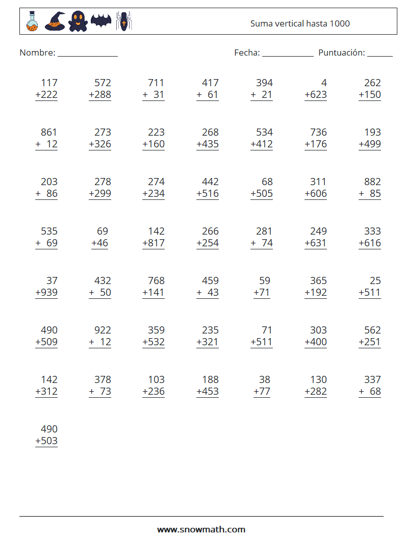 (50) Suma vertical hasta 1000 Hojas de trabajo de matemáticas 13
