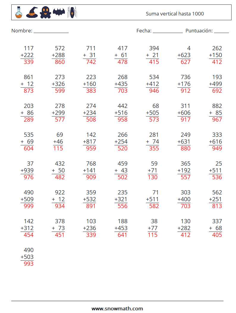 (50) Suma vertical hasta 1000 Hojas de trabajo de matemáticas 13 Pregunta, respuesta