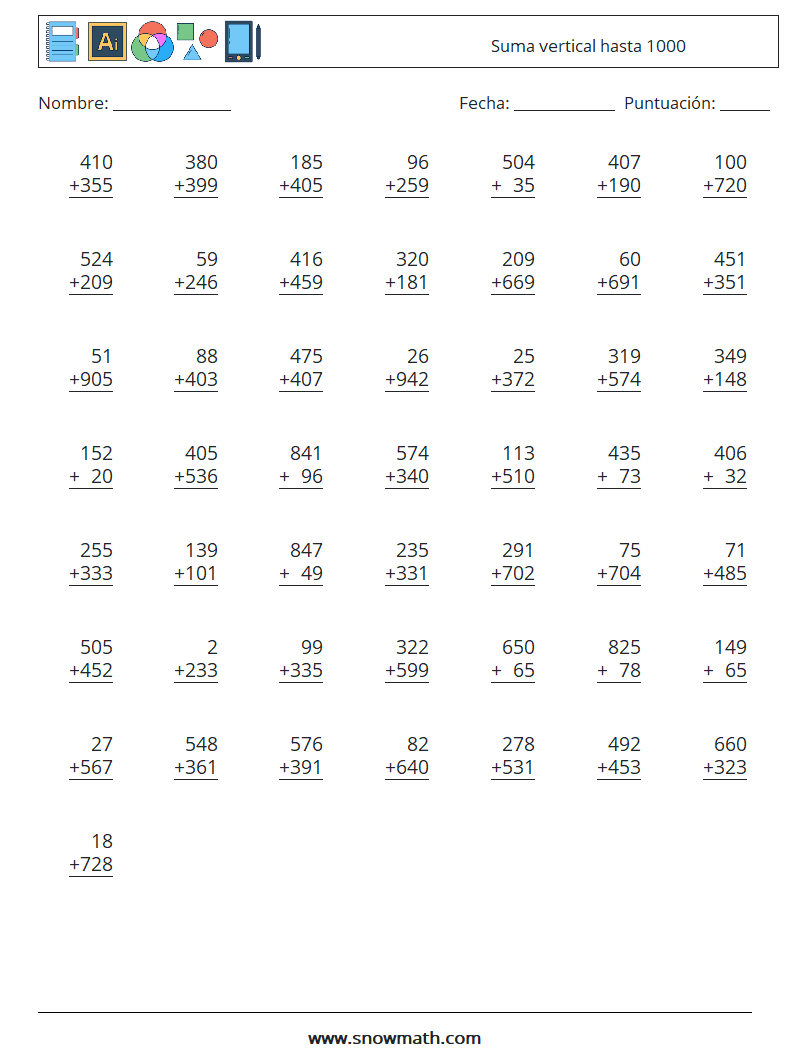 (50) Suma vertical hasta 1000 Hojas de trabajo de matemáticas 14
