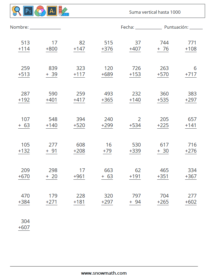 (50) Suma vertical hasta 1000 Hojas de trabajo de matemáticas 15