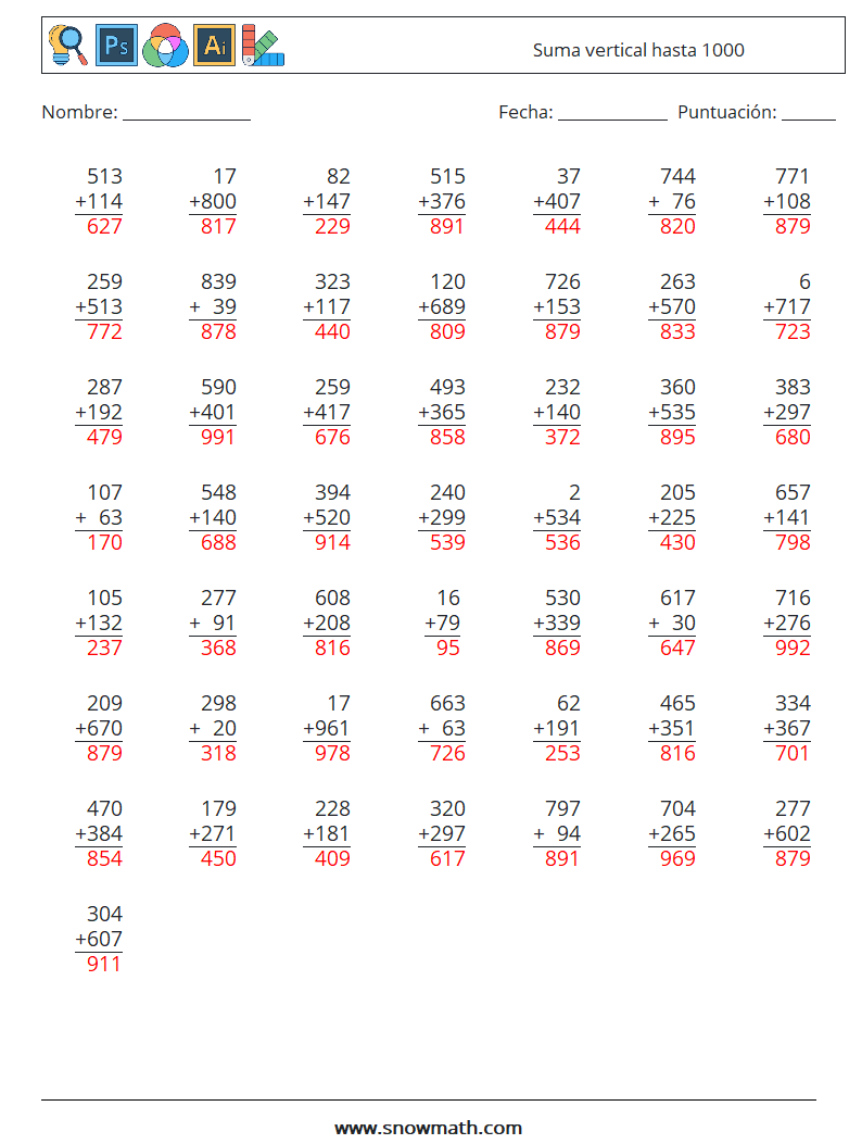 (50) Suma vertical hasta 1000 Hojas de trabajo de matemáticas 15 Pregunta, respuesta