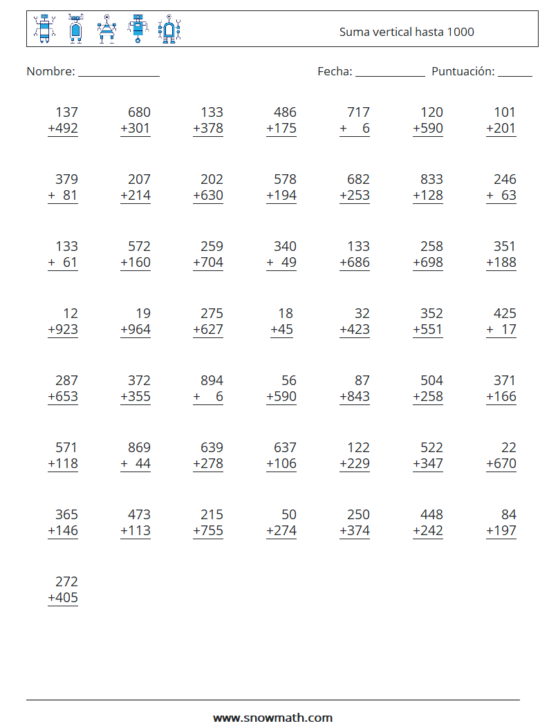 (50) Suma vertical hasta 1000 Hojas de trabajo de matemáticas 16