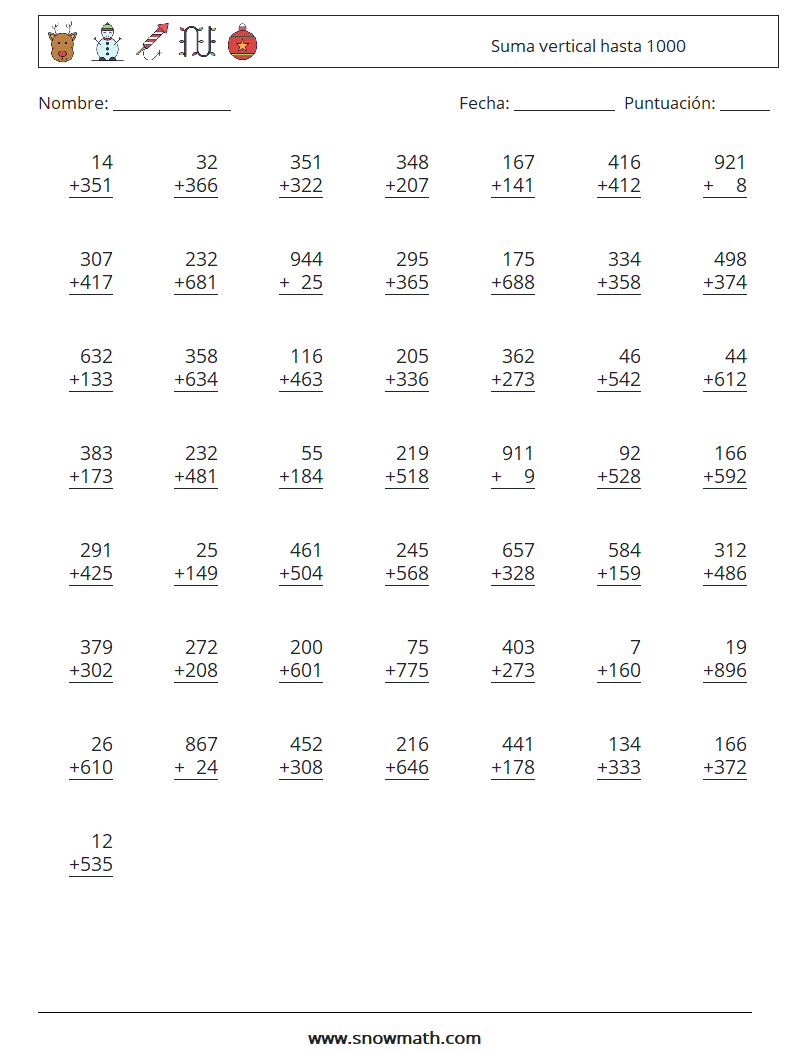 (50) Suma vertical hasta 1000 Hojas de trabajo de matemáticas 17