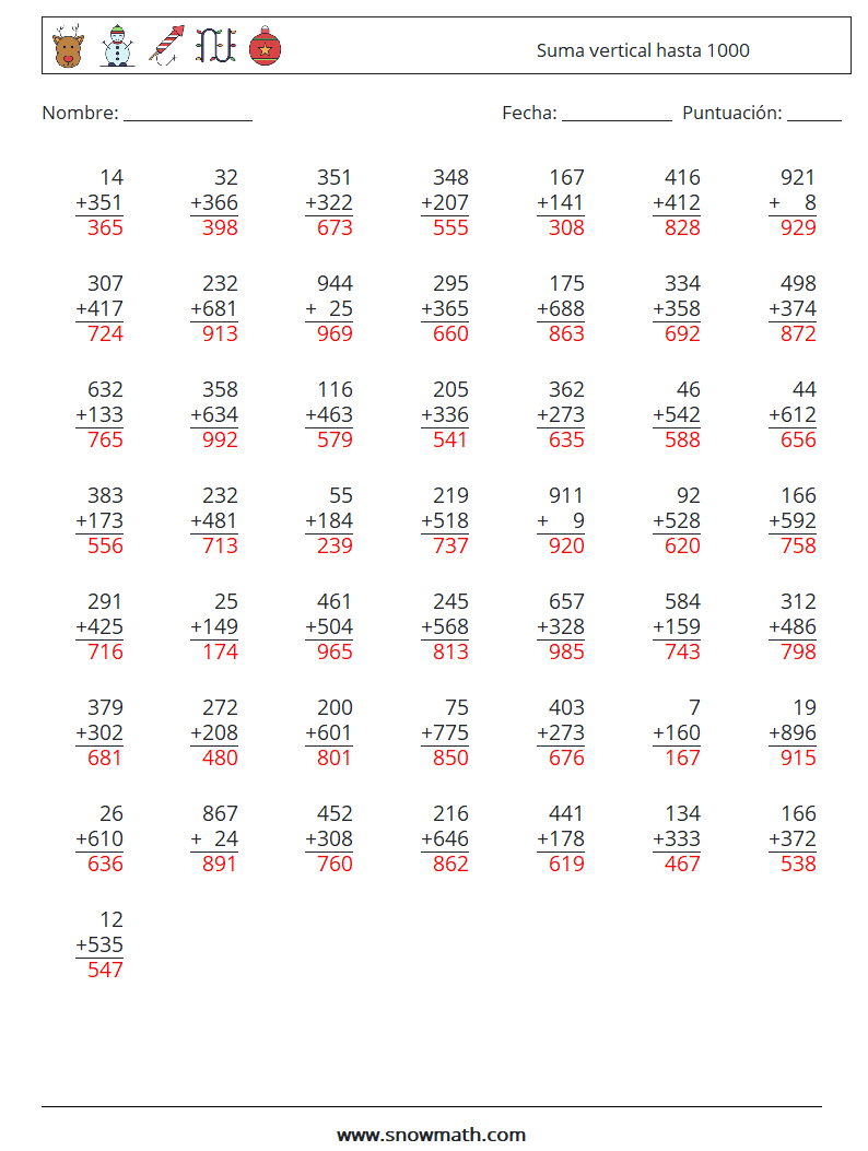 (50) Suma vertical hasta 1000 Hojas de trabajo de matemáticas 17 Pregunta, respuesta