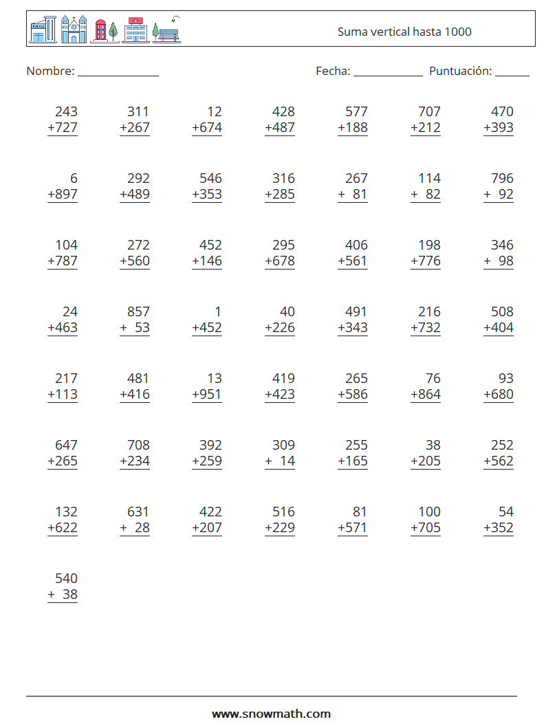 (50) Suma vertical hasta 1000 Hojas de trabajo de matemáticas 18