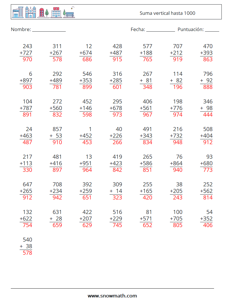 (50) Suma vertical hasta 1000 Hojas de trabajo de matemáticas 18 Pregunta, respuesta