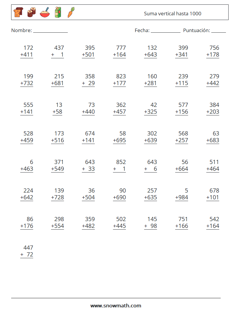 (50) Suma vertical hasta 1000 Hojas de trabajo de matemáticas 2