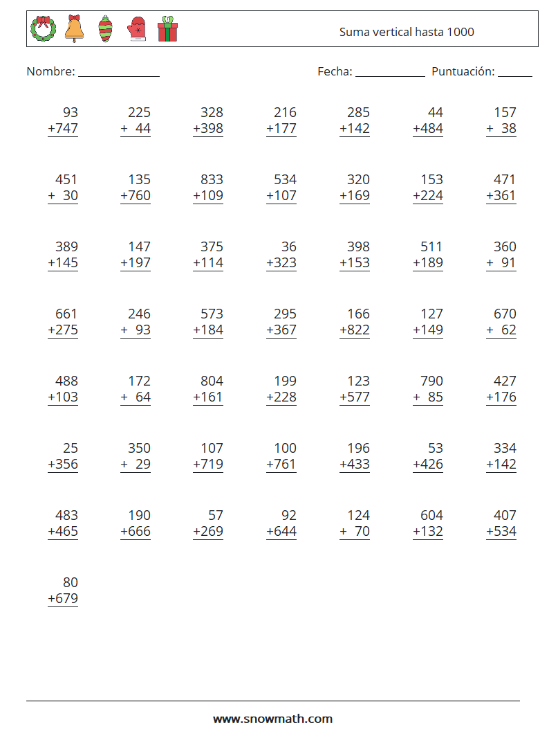 (50) Suma vertical hasta 1000 Hojas de trabajo de matemáticas 3