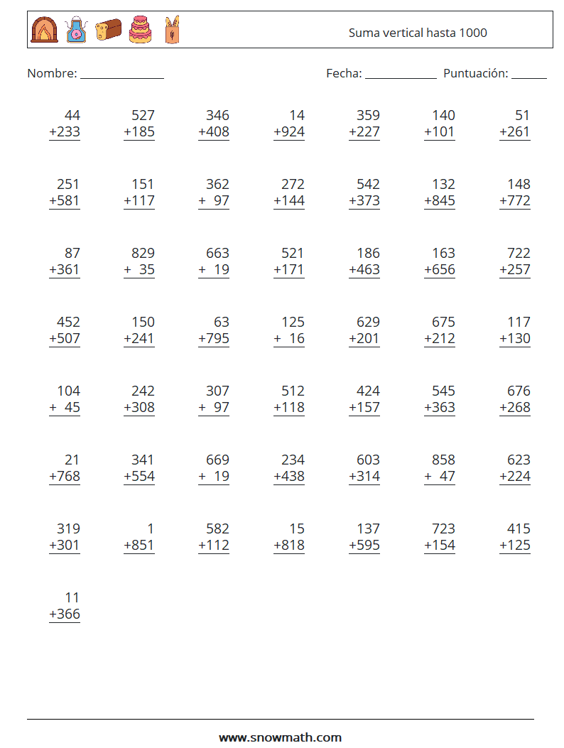 (50) Suma vertical hasta 1000 Hojas de trabajo de matemáticas 4