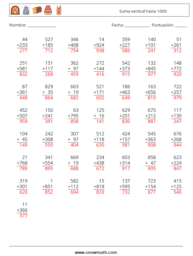 (50) Suma vertical hasta 1000 Hojas de trabajo de matemáticas 4 Pregunta, respuesta
