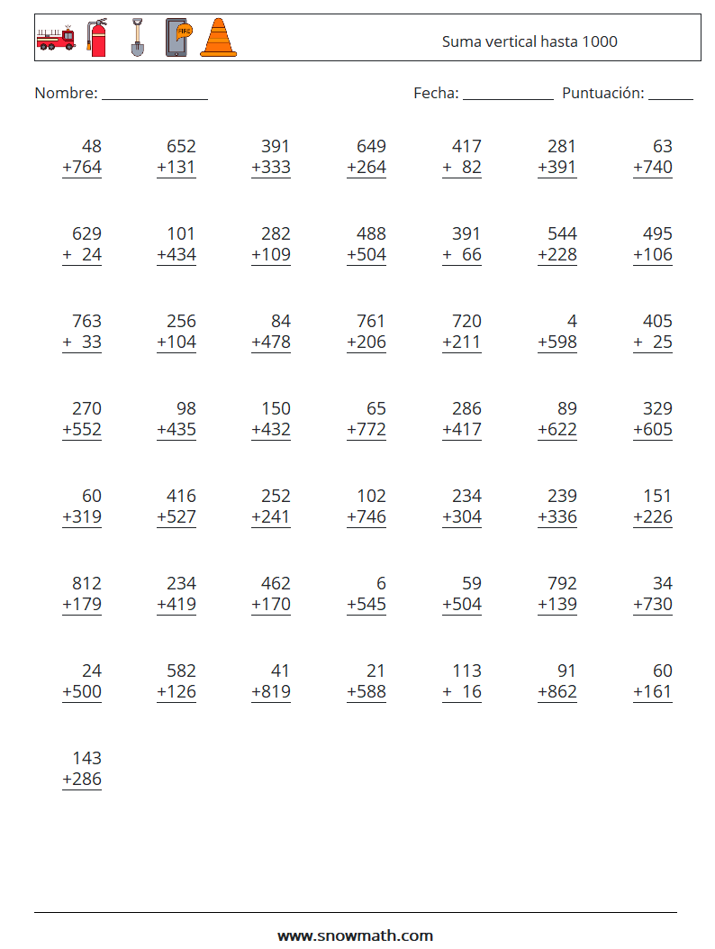 (50) Suma vertical hasta 1000 Hojas de trabajo de matemáticas 5
