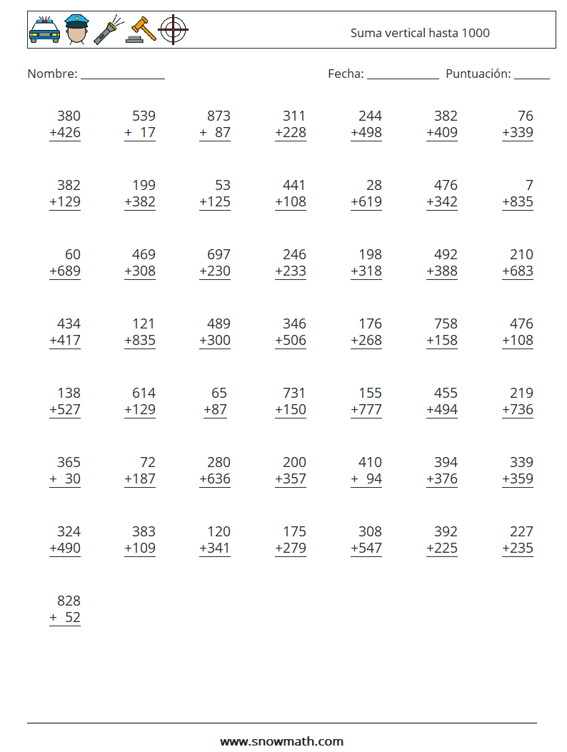 (50) Suma vertical hasta 1000 Hojas de trabajo de matemáticas 6