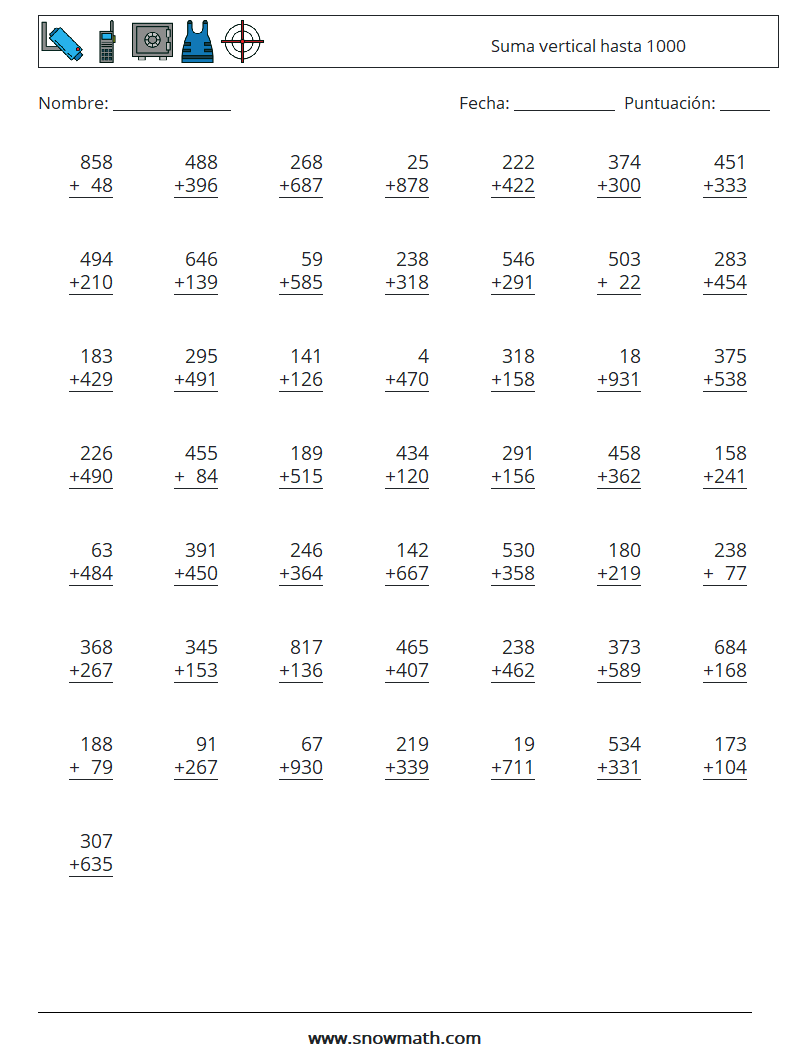 (50) Suma vertical hasta 1000 Hojas de trabajo de matemáticas 7