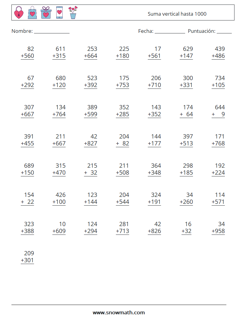 (50) Suma vertical hasta 1000 Hojas de trabajo de matemáticas 8