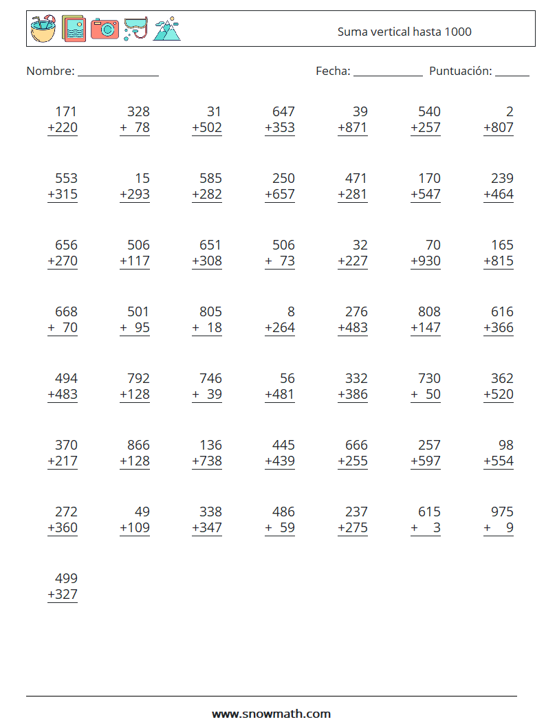 (50) Suma vertical hasta 1000 Hojas de trabajo de matemáticas 9