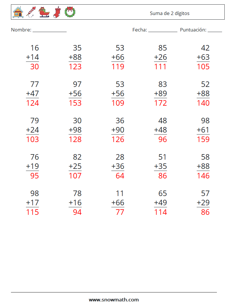 (25) Suma de 2 dígitos Hojas de trabajo de matemáticas 10 Pregunta, respuesta