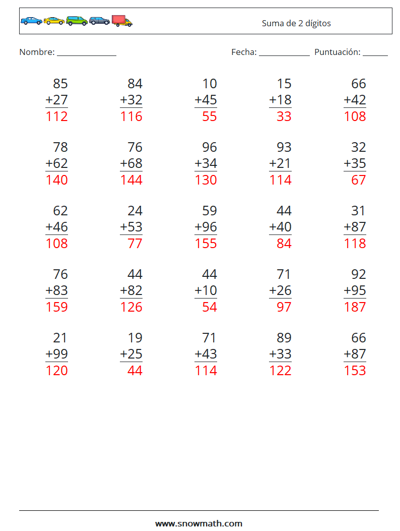 (25) Suma de 2 dígitos Hojas de trabajo de matemáticas 11 Pregunta, respuesta