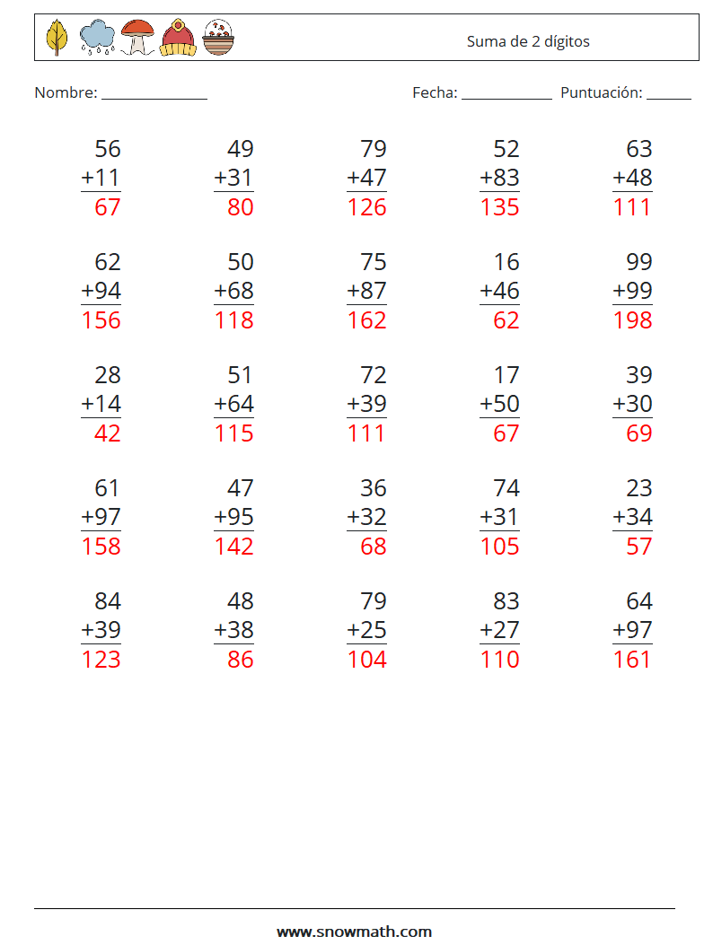 (25) Suma de 2 dígitos Hojas de trabajo de matemáticas 12 Pregunta, respuesta