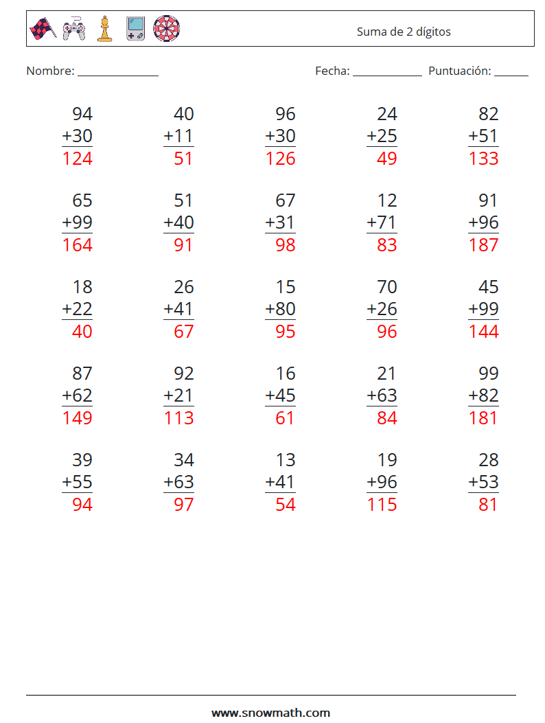 (25) Suma de 2 dígitos Hojas de trabajo de matemáticas 13 Pregunta, respuesta