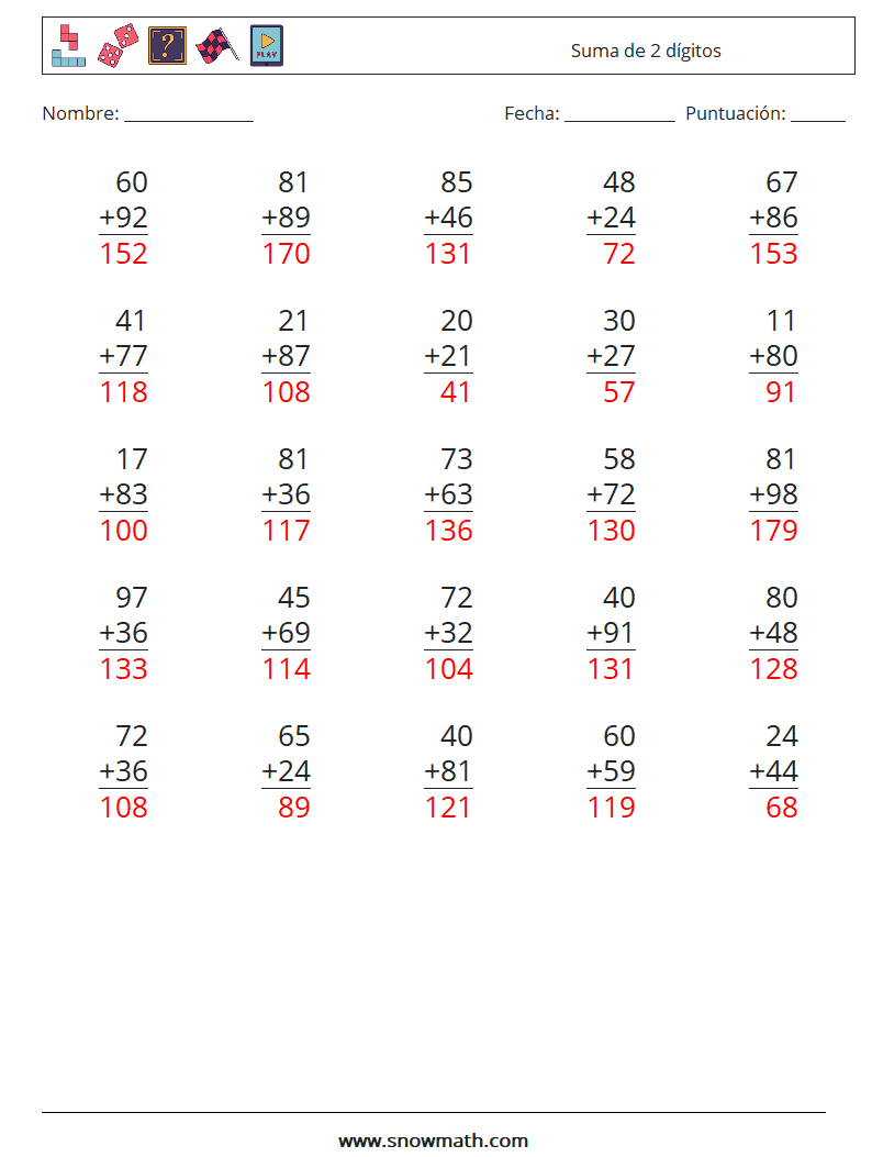 (25) Suma de 2 dígitos Hojas de trabajo de matemáticas 16 Pregunta, respuesta