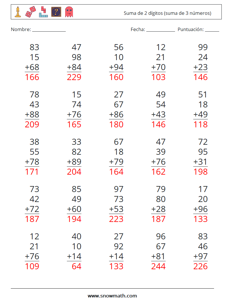 (25) Suma de 2 dígitos (suma de 3 números) Hojas de trabajo de matemáticas 12 Pregunta, respuesta