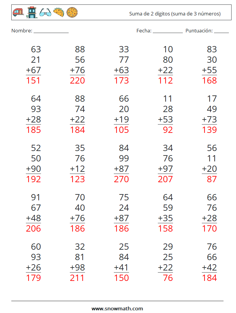 (25) Suma de 2 dígitos (suma de 3 números) Hojas de trabajo de matemáticas 15 Pregunta, respuesta