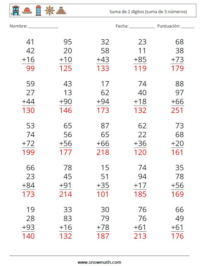 (25) Suma de 2 dígitos (suma de 3 números) Hojas de trabajo de matemáticas 16 Pregunta, respuesta