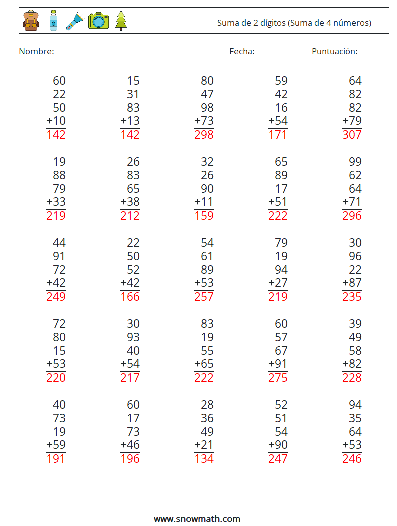 (25) Suma de 2 dígitos (Suma de 4 números) Hojas de trabajo de matemáticas 10 Pregunta, respuesta