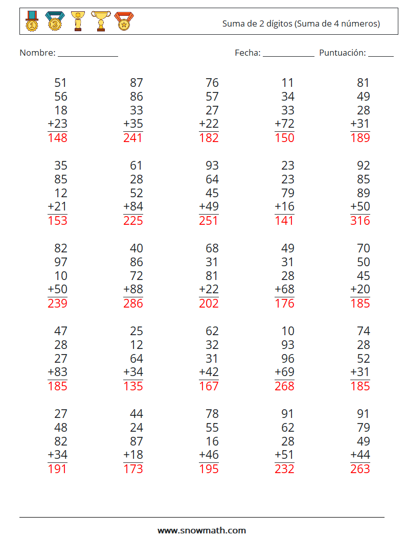 (25) Suma de 2 dígitos (Suma de 4 números) Hojas de trabajo de matemáticas 15 Pregunta, respuesta